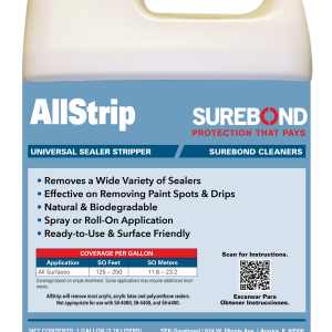 White plastic gallon container labeled AllStrip Universal Sealer Stripper by SureBond, with product details on a blue label.